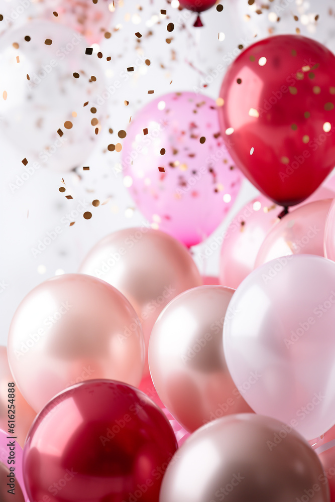 fliegende rosa pink und weiße Party Ballons mit Konfetti. Generative Ai.