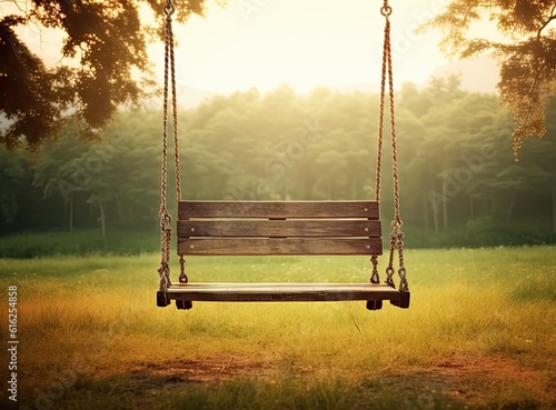 Empty chain swing in playground. created with Generative AI technology photo