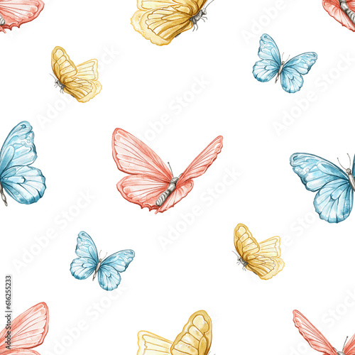 Seamless pattern with vintage set of various colored butterflies isolated on white background. Watercolor hand drawn illustration sketch