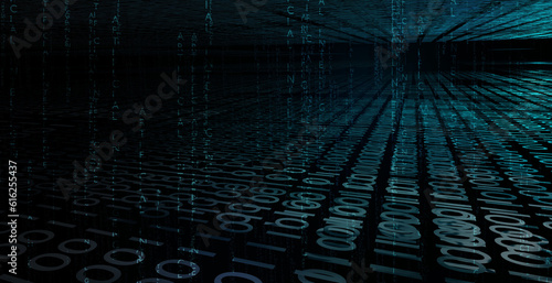Abstract binary code background. Digital technology pattern. 3D render illustration. 