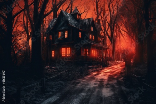 Eerie ambiance: A haunted house shrouded in darkness within the foreboding woods, evoking a chilling murder mystery. The red-glowing windows pierce the night Generative AI