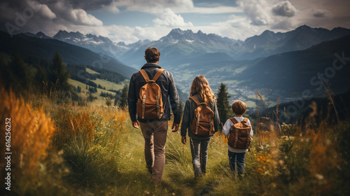 Happy family exploring a picturesque mountain landscape on their vacation, family vacation, summer, banner, natural light, affinity, bright background Generative AI