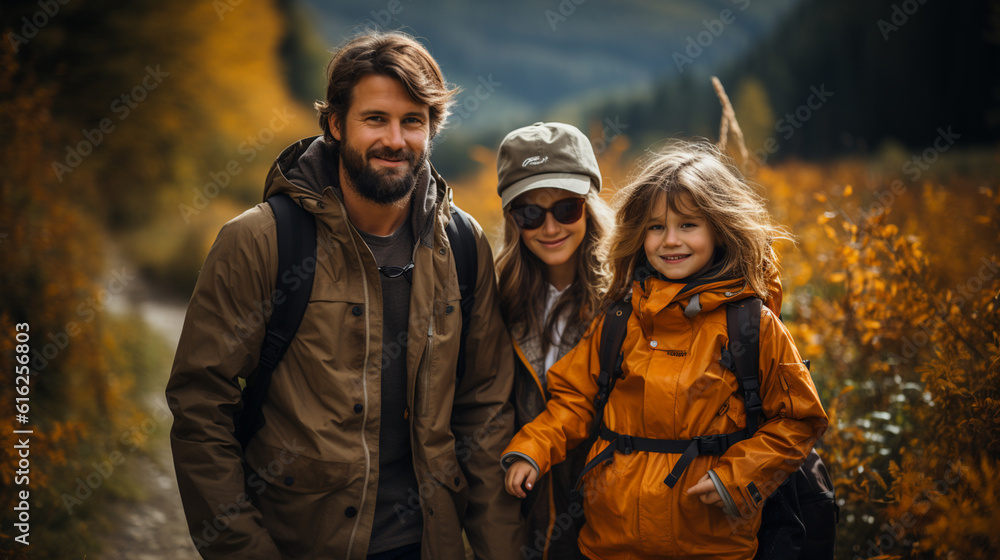 Adventurous family hiking through a vibrant forest on their vacation, family vacation, summer, banner, natural light, affinity, bright background Generative AI