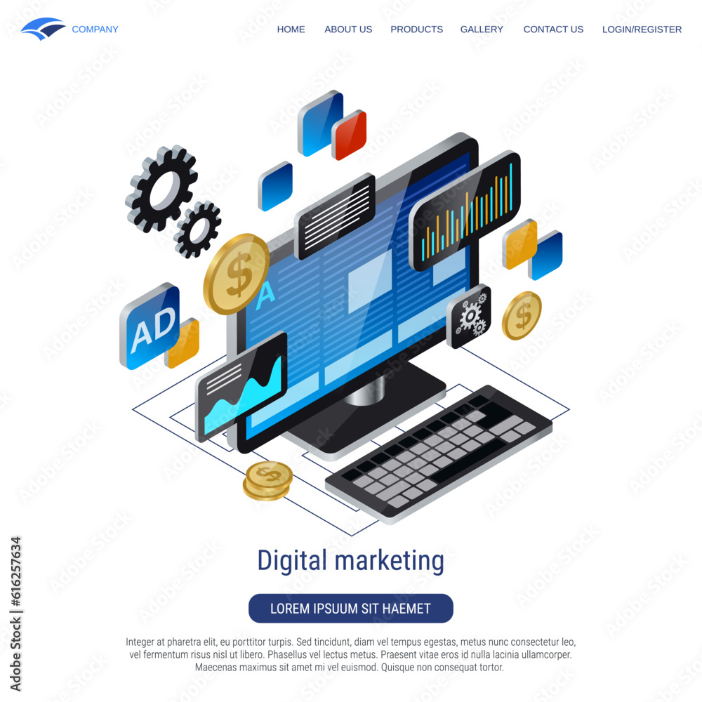 Digital marketing, big data processing, business information computing 3d isometric vector concept illustration