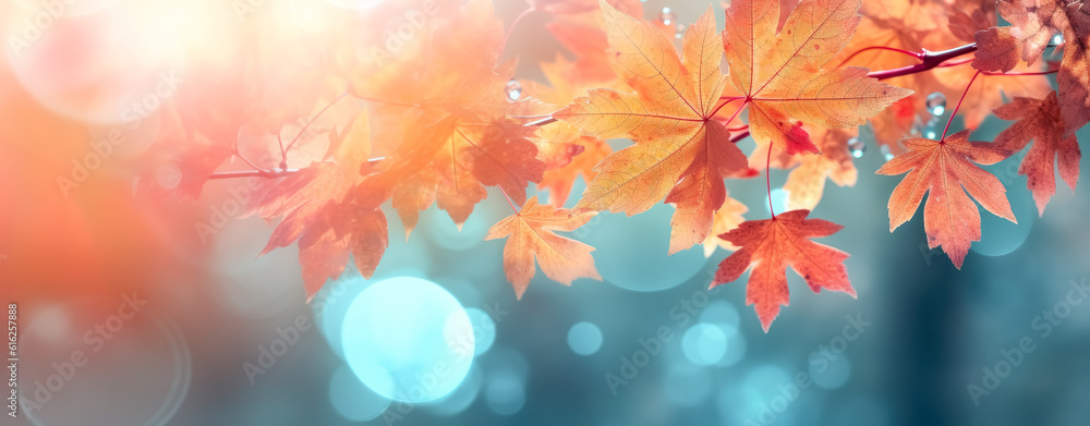 Orange and red autumn leaves with bokeh effects on abstract blue background. Orange and red autumn leaves with bokeh effects on abstract blue background.