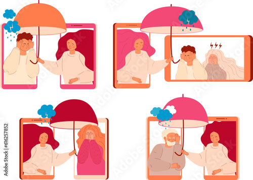 Online psychology help vector set. Anxiety, crisis, tears, exhaustion of human. Symptoms of depressive disorder. Depression, sadness, mental health.