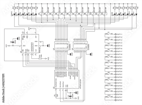 Connection of keyboard, led, com port, relay to 
the microcontroller. Vector electrical
schematic diagram of device of data input. 
Electric background.
Pattern of electronic components, conductors.