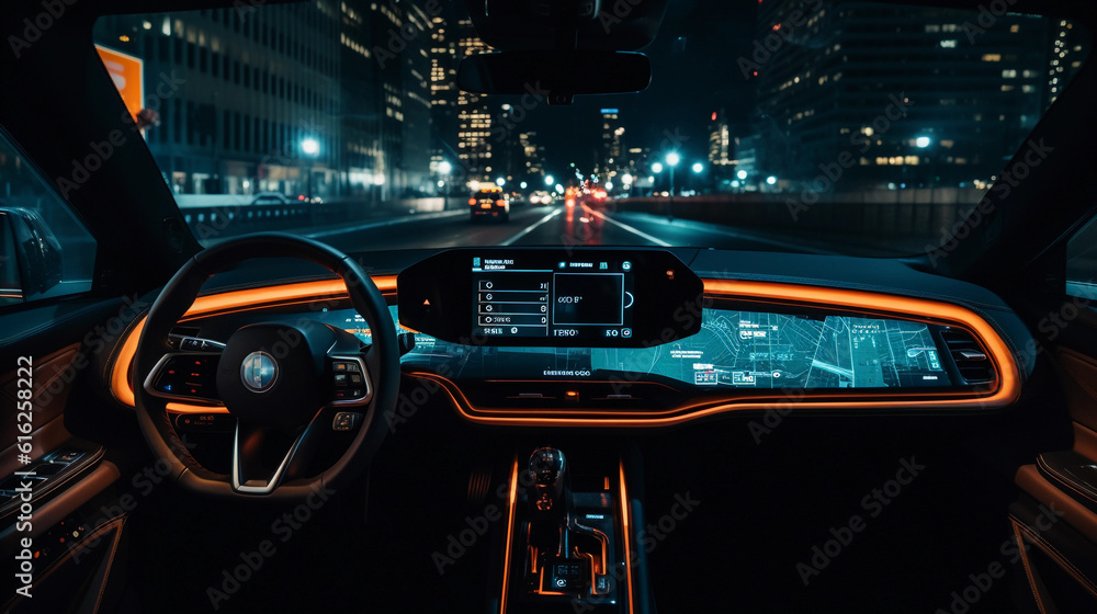 Dramatic perspective of an AI - driven, autonomous vehicle dashboard, showcasing futuristic control panels, multiple interactive screens, neon lit indicators, reflected city lights on the windshield, 