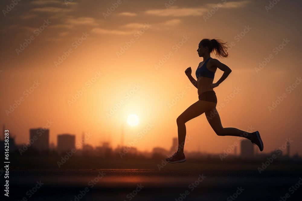 High - definition, dynamic action shot of a female runner in full stride, sunrise in the background, silhouette against the early morning sky, emphasis on form and strength. Motion blur, ethereal, ins High - definition, dynamic action shot of a female runner in full stride, sunrise in the background, silhouette against the early morning sky, emphasis on form and strength. Motion blur, ethereal, ins