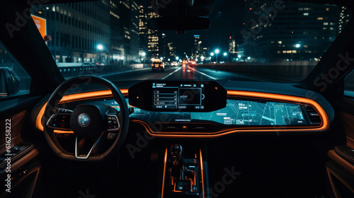 Dramatic perspective of an AI - driven, autonomous vehicle dashboard, showcasing futuristic control panels, multiple interactive screens, neon lit indicators, reflected city lights on the windshield, 