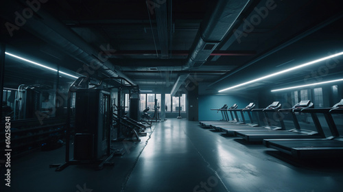 Detailed and vivid 4K image of a contemporary, high - end fitness gym, empty, showcasing a wide variety of top - notch equipment, under ambient, soft lighting. The image should reflect the tranquility