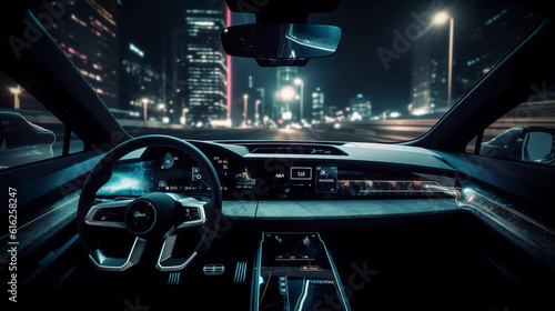 Dramatic perspective of an AI - driven, autonomous vehicle dashboard, showcasing futuristic control panels, multiple interactive screens, neon lit indicators, reflected city lights on the windshield, 