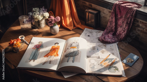 Fashion sketchbook open on a wooden table, photorealistic, vibrant colored pencil sketches of dresses, beside it fabric swatches, a cup of coffee, and some potted plants in the soft morning light from