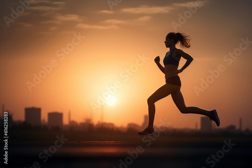 High - definition, dynamic action shot of a female runner in full stride, sunrise in the background, silhouette against the early morning sky, emphasis on form and strength. Motion blur, ethereal, ins