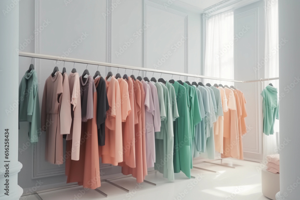 In a chic boutique, clothes arranged in a color gradient, hyper - realistic, vibrant colors of the fabrics contrasting with the minimalist white background, elegant hangers, soft natural light from a 