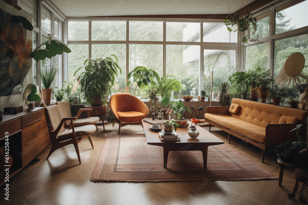 Fototapeta premium Interior decor, mid - century modern living room, teak furniture, colorful abstract art on the wall, ample natural light through floor - to - ceiling windows, lush indoor plants, styled coffee table,