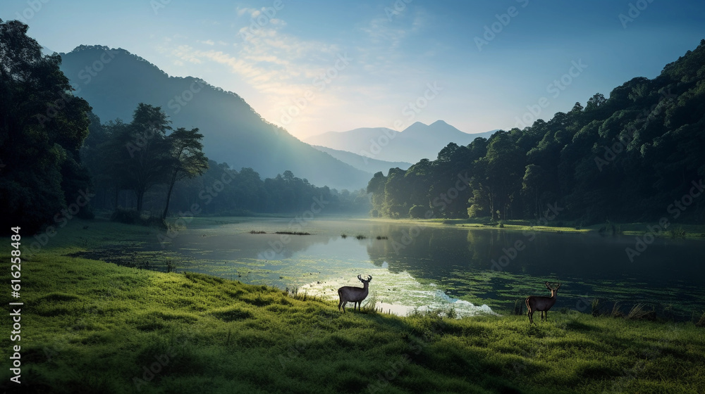 Lush green forest at sunrise, hyper realistic, a deer drinking from a serene lake with a breathtaking mountain range in the background, mist clinging low to the ground, sunlight filtering through the 