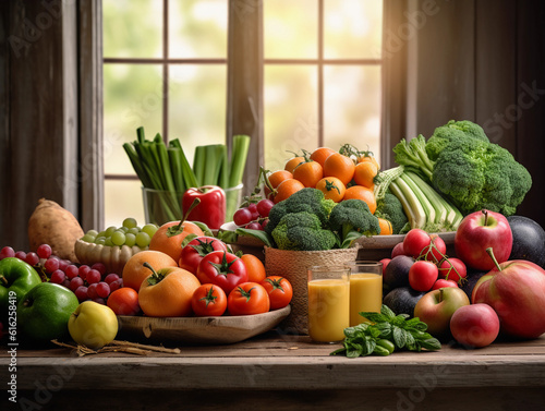 Hyper - realistic stock image, wellness theme, balanced diet, assorted fresh fruits and vegetables beautifully arranged on a rustic wooden table, emphasizing the concept of healthy eating,