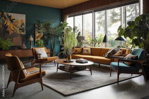 Interior decor, mid - century modern living room, teak furniture, colorful abstract art on the wall, ample natural light through floor - to - ceiling windows, lush indoor plants, styled coffee table, 