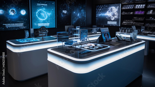 Modern technology showroom  A polished white table showcasing the latest high - tech gadgets including a sleek smartphone  a smartwatch with a holographic interface  wireless earbuds  and a futuristic