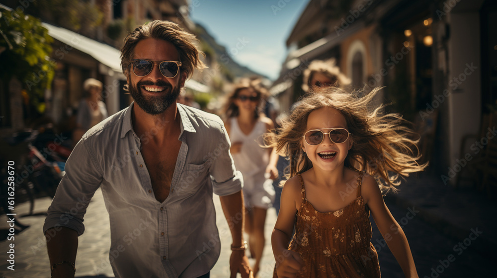 Excited family exploring a charming coastal town on their summer vacation, family vacation, summer, banner, natural light, affinity, bright background Generative AI Excited family exploring a charming coastal town on their summer vacation, family vacation, summer, banner, natural light, affinity, bright background Generative AI