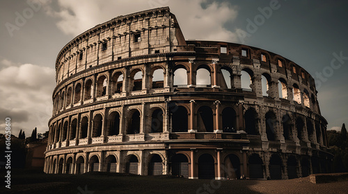 Roman Colosseum, grand and imposing, shot from a low angle to emphasize its size. Contrasting the ancient architecture with a touch of modern city life, tourists, street vendors, classic Italian scoot