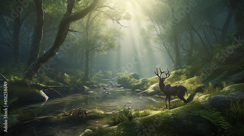 Lush green forest at sunrise, hyper realistic, a deer drinking from a serene lake with a breathtaking mountain range in the background, mist clinging low to the ground, sunlight filtering through the  © Marco Attano
