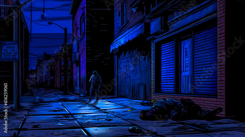 murder on the street at night, crime in the city, victim at the scene of the crime, blue made with Generative AI photo