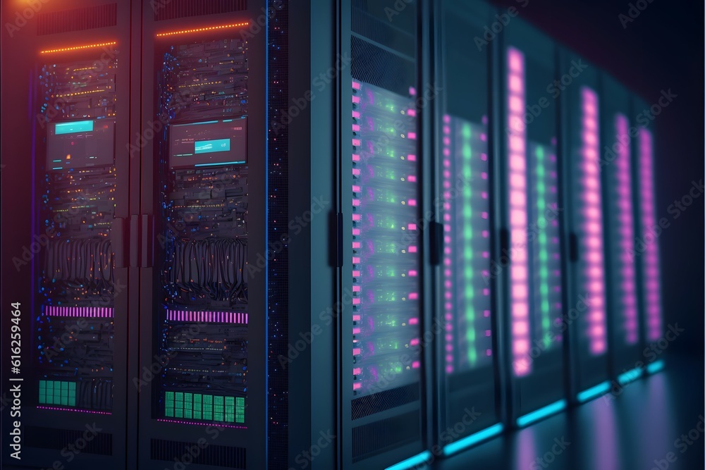 server room with server racks in datacenter banner. 3d illustration ...