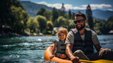 Adventurous family kayaking on a serene river surrounded by nature on their vacation, family vacation, summer, banner, natural light, affinity, bright background Generative AI