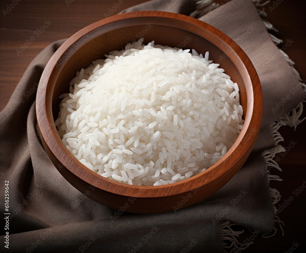 Basmati rice groats in a wooden bowl isolated created with Generative AI technology Basmati rice groats in a wooden bowl isolated created with Generative AI technology