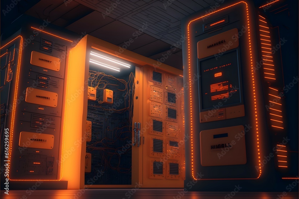 orange Server Room. Realistic, highly detailed, rendered octane, Maxon