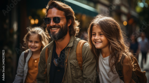 Smiling family exploring a vibrant cityscape on their urban vacation  family vacation  summer  banner  natural light  affinity  bright background Generative AI