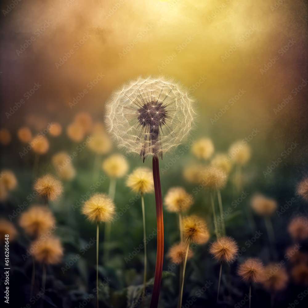 Close up of an open dandelion against blue sky, nostalgic mood, whimsical details, muted tones. 