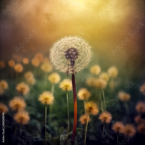 Close up of an open dandelion against blue sky  nostalgic mood  whimsical details  muted tones. 