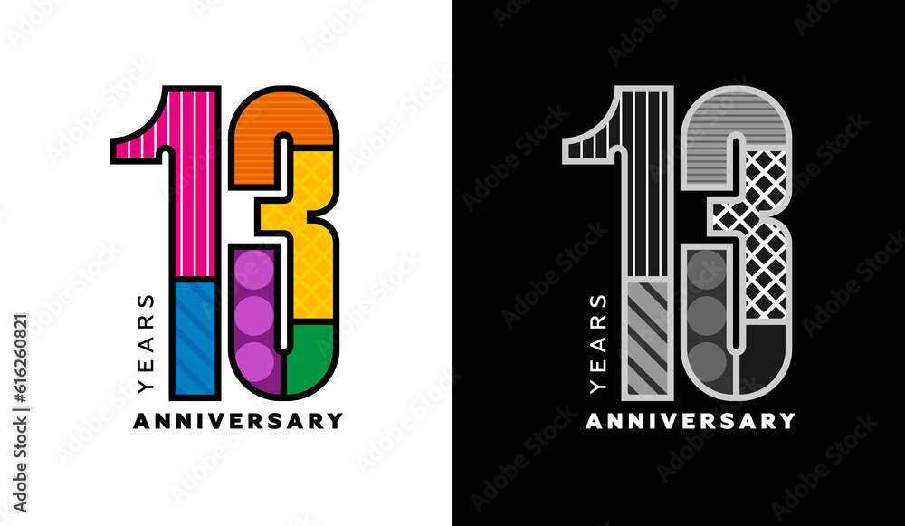 13th anniversary logo set, thirteen years badge, colorful logo for holiday event, invitation, congratulations, web template, flyer and booklet, retro symbol, color logo 13th anniversary logo set, thirteen years badge, colorful logo for holiday event, invitation, congratulations, web template, flyer and booklet, retro symbol, color logo
