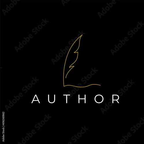 Line art golden quill signature logo design. Minimalist feather ink pen logo design inspiration