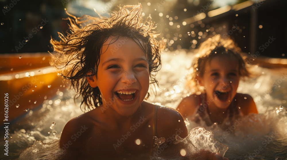 Carefree family having a laughter-filled day at a water park, splashing in pools and sliding down thrilling water slides during their summer vacation, family vacation, summer, bann Generative AI Carefree family having a laughter-filled day at a water park, splashing in pools and sliding down thrilling water slides during their summer vacation, family vacation, summer, bann Generative AI