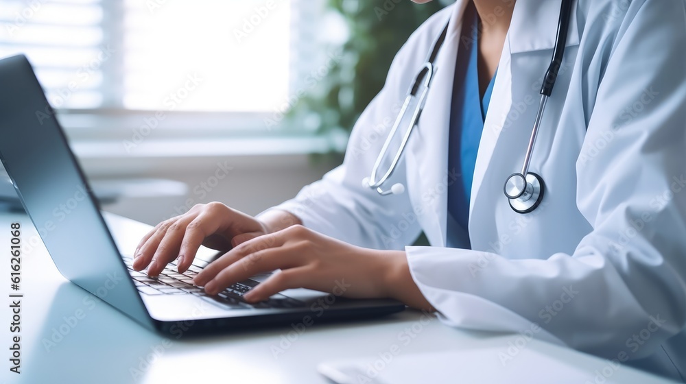 Doctor at his laptop, rear view. Online doctor's appointment, medical consultation with doctor online. Patient receives Doctor at his laptop, rear view. Online doctor's appointment, medical consultation with doctor online. Patient receives