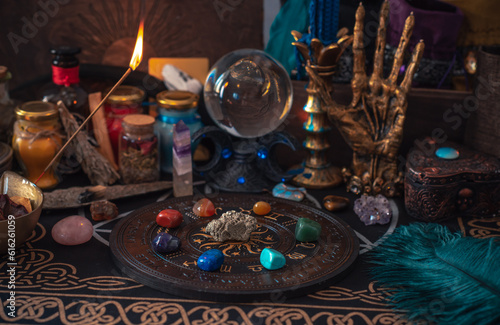 White magic, energy cleaning. Altar for witch, magic for love, health, attracting happiness . Esoteric concept 