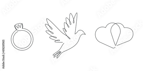 Wedding set (pigeon, hearts, ring) drawn in one continuous line. One line drawing, minimalism. Vector illustration.