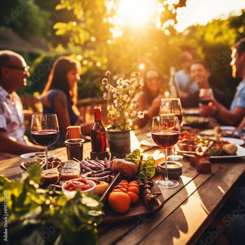 Billede på lærred Friends gather in a vibrant garden, enjoying food, wine, and toasting to happine