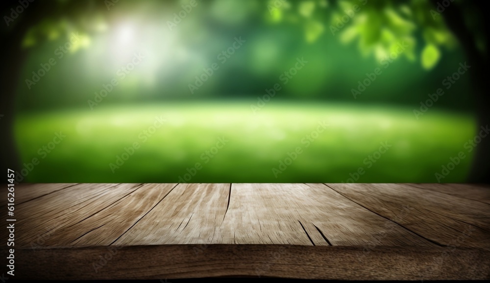 Illustration of an empty wooden table on green nature background, Desk of free space for product display Illustration of an empty wooden table on green nature background, Desk of free space for product display