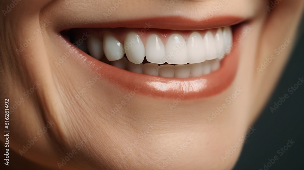 Obraz premium This is an advertisement for Banner's tooth whitening services, showcasing a close-up of a Elderly woman perfect white teeth with a shade guide to illustrate the bleach color. Generative AI