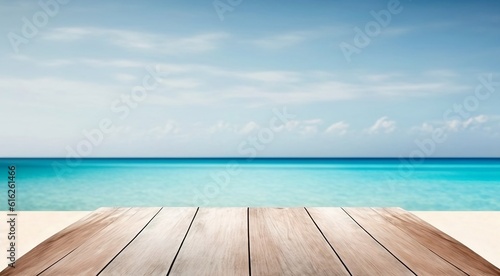 Illustration of an empty wooden table on the background of the sea, a table of free space for product demonstration