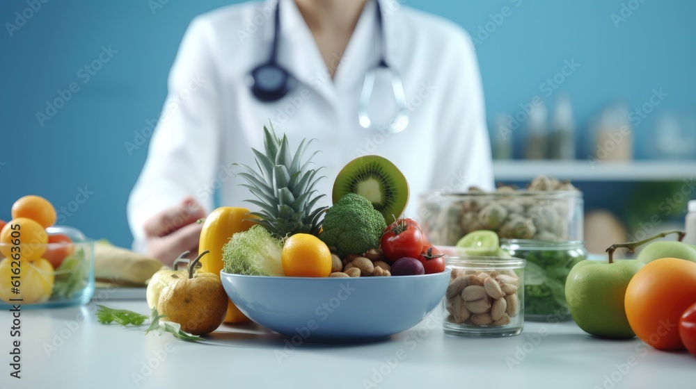 The nutritionist is holding a large plate of fruit. The concept of a healthy diet and lifestyle. Close-up