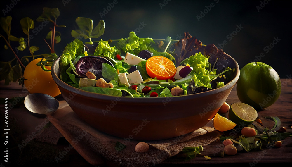 Fresh green salad in bowl, Mediterranean style, olive lemon and vegetables. Created with Generative AI technology Fresh green salad in bowl, Mediterranean style, olive lemon and vegetables. Created with Generative AI technology