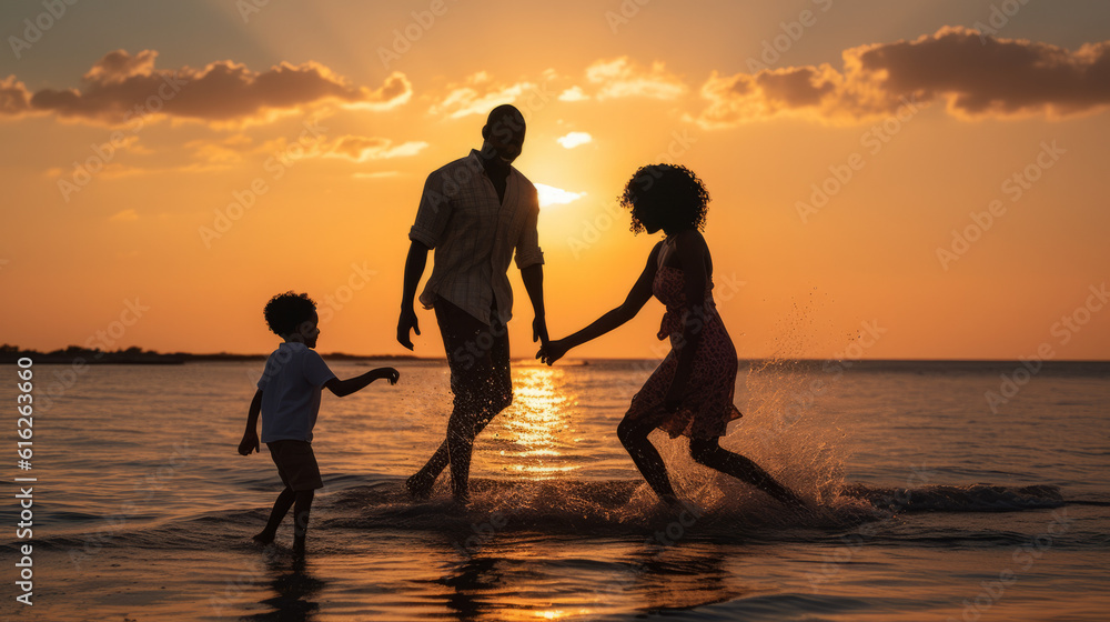 A young family playing in the water at the beach at sunset