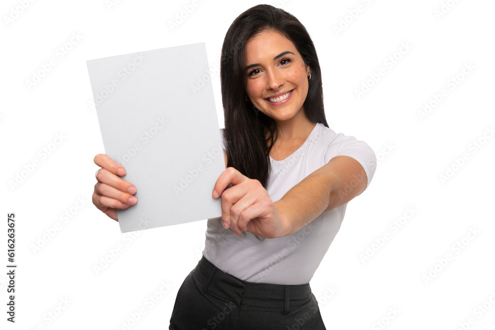 Beautiful brunette woman holding a blank white card, copy space, for advertisement, advertising, message, add text, white background Beautiful brunette woman holding a blank white card, copy space, for advertisement, advertising, message, add text, white background