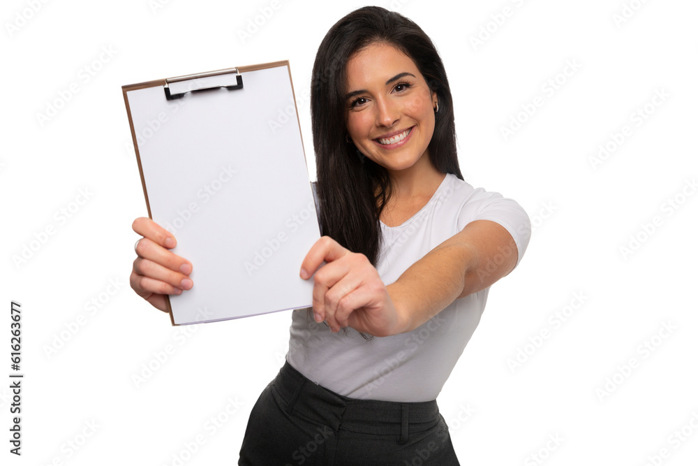 Beautiful brunette woman student holding a blank clipboard, smiling excited, advertisement, copy space, isolated on a white background Beautiful brunette woman student holding a blank clipboard, smiling excited, advertisement, copy space, isolated on a white background